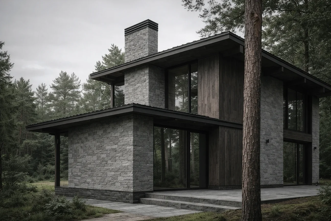 Generated editorial architecture in stone and timber