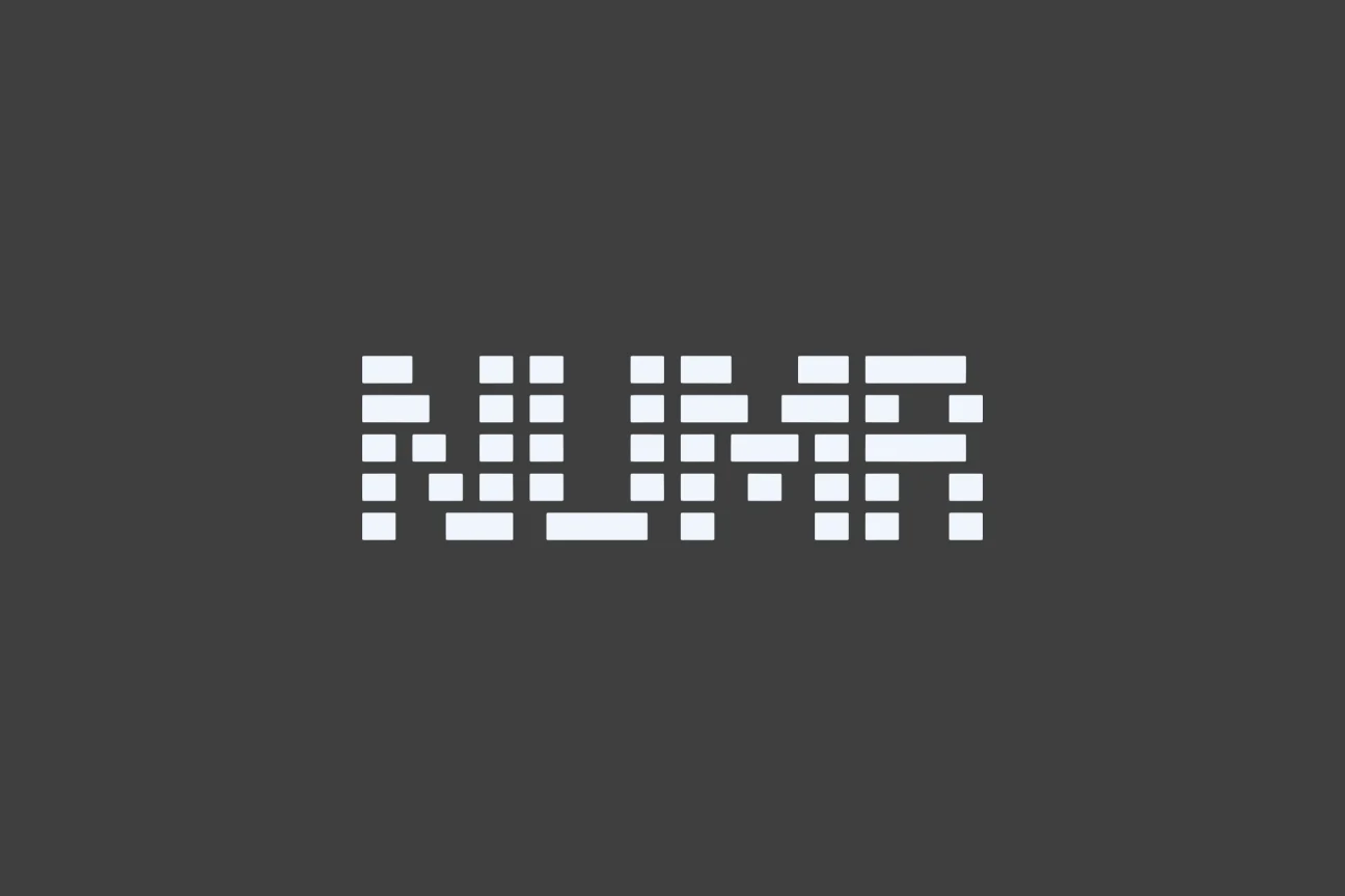 Original pixel-built Numr wordmark on its dark field