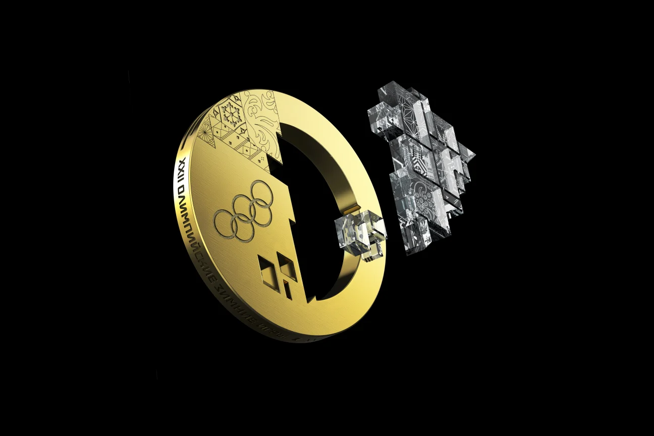 Complete original gold medal and crystal visualisation on black
