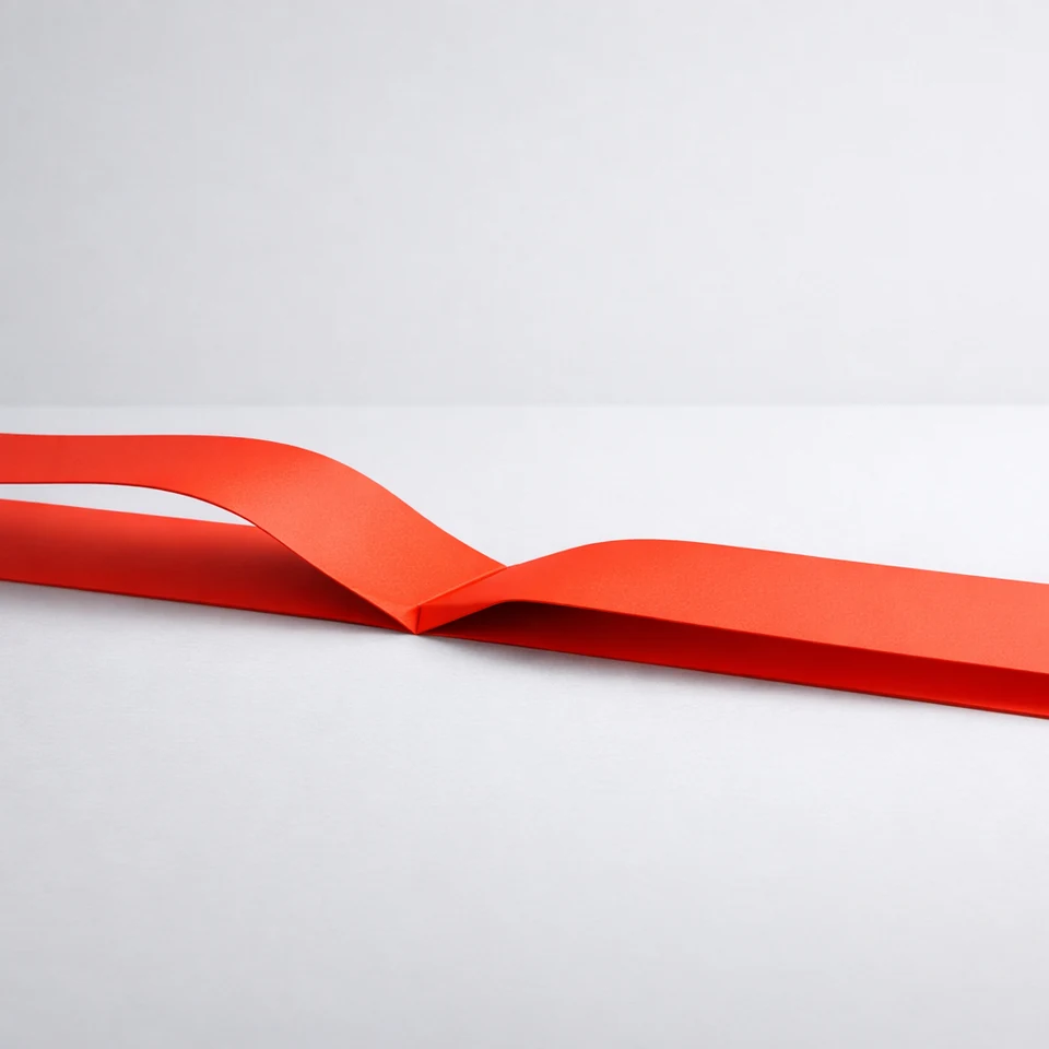 Red folded strips meeting on a pale surface